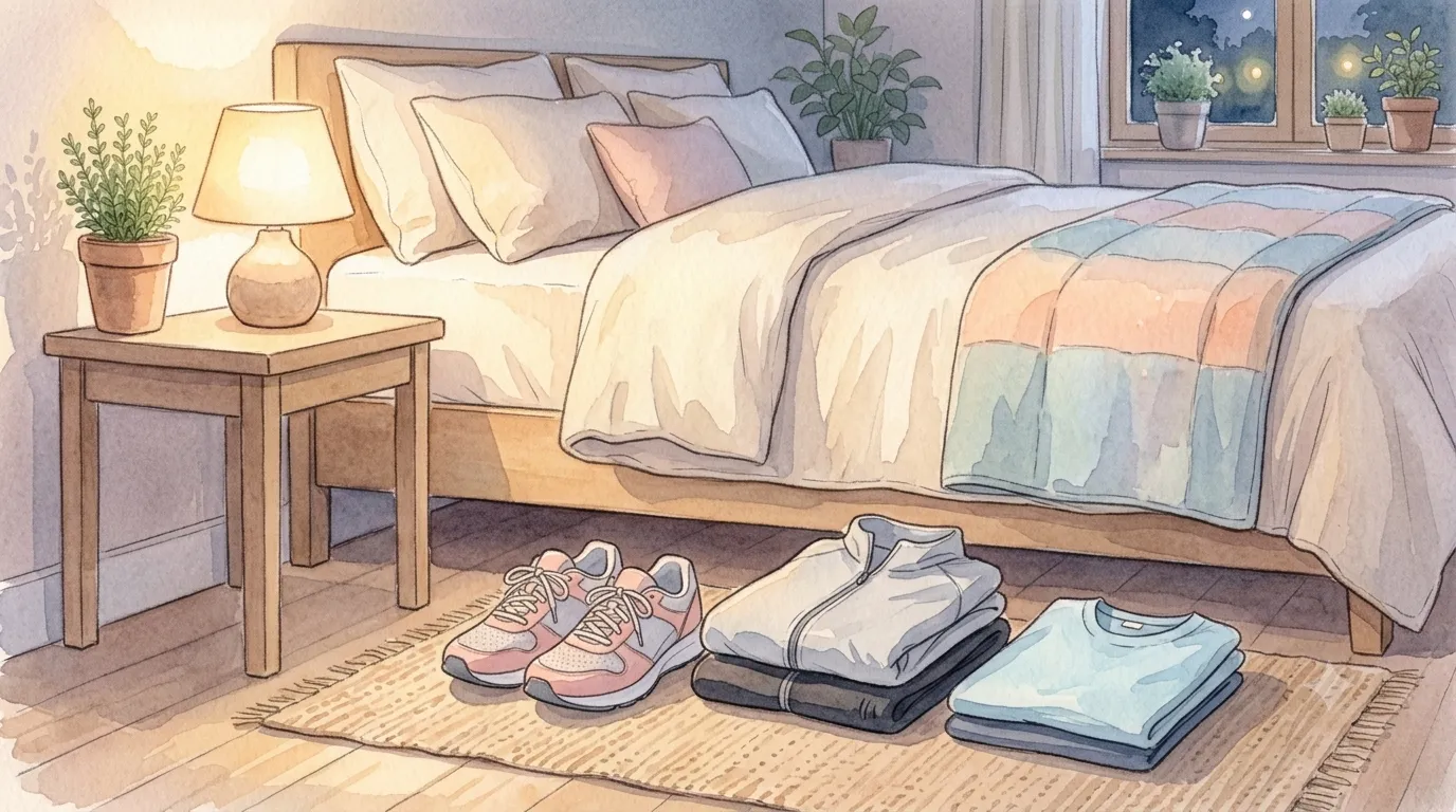 寝る前に枕元へ用意したランニングシューズとウェアのイラスト