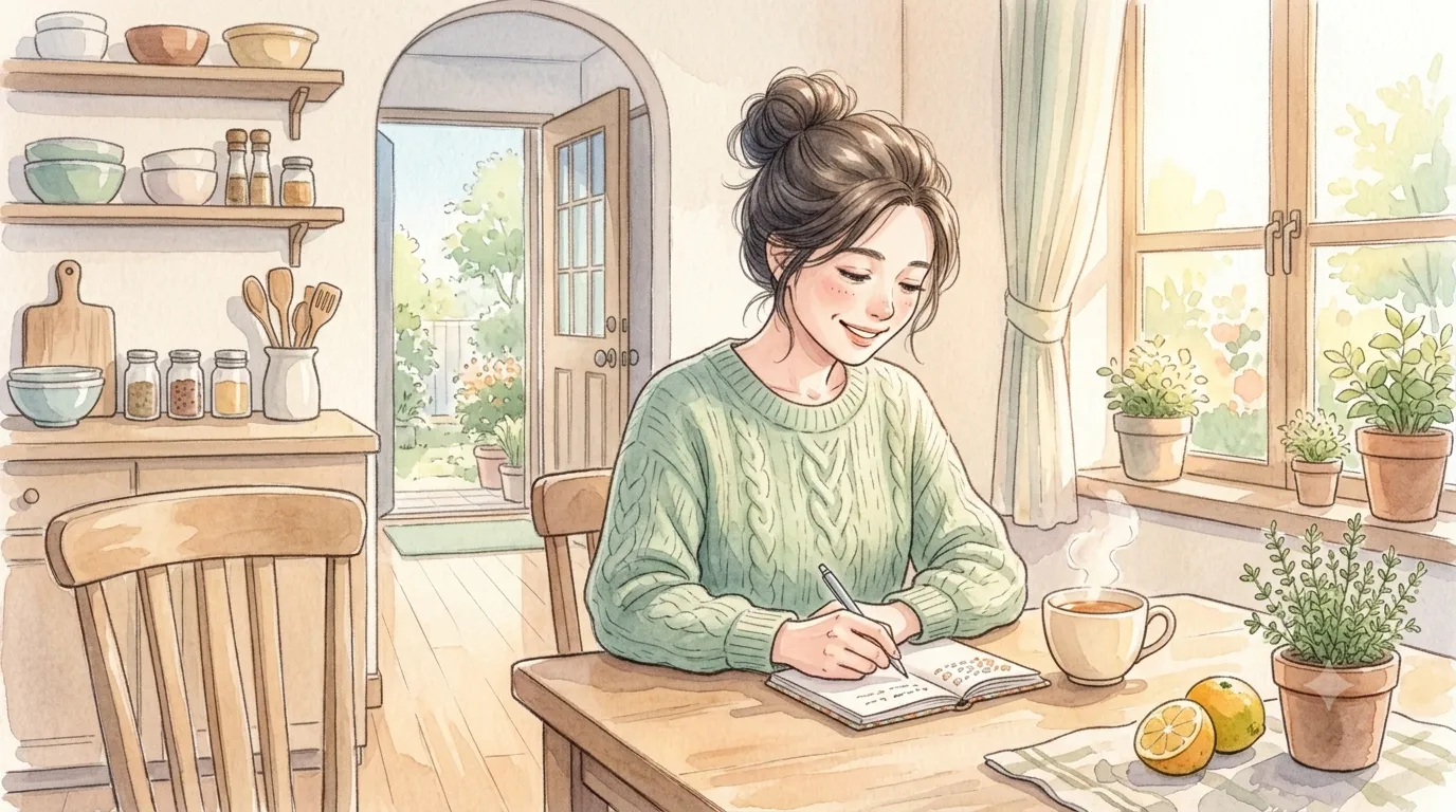 朝のキッチンでノートに走る理由を書き出すママのイラスト